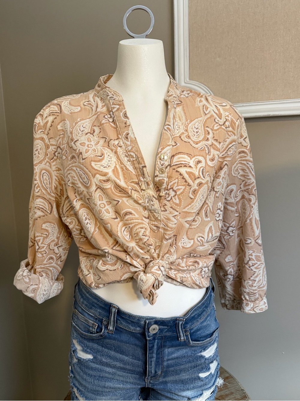 Appleseed's Beige Paisley Tie-Front Blouse